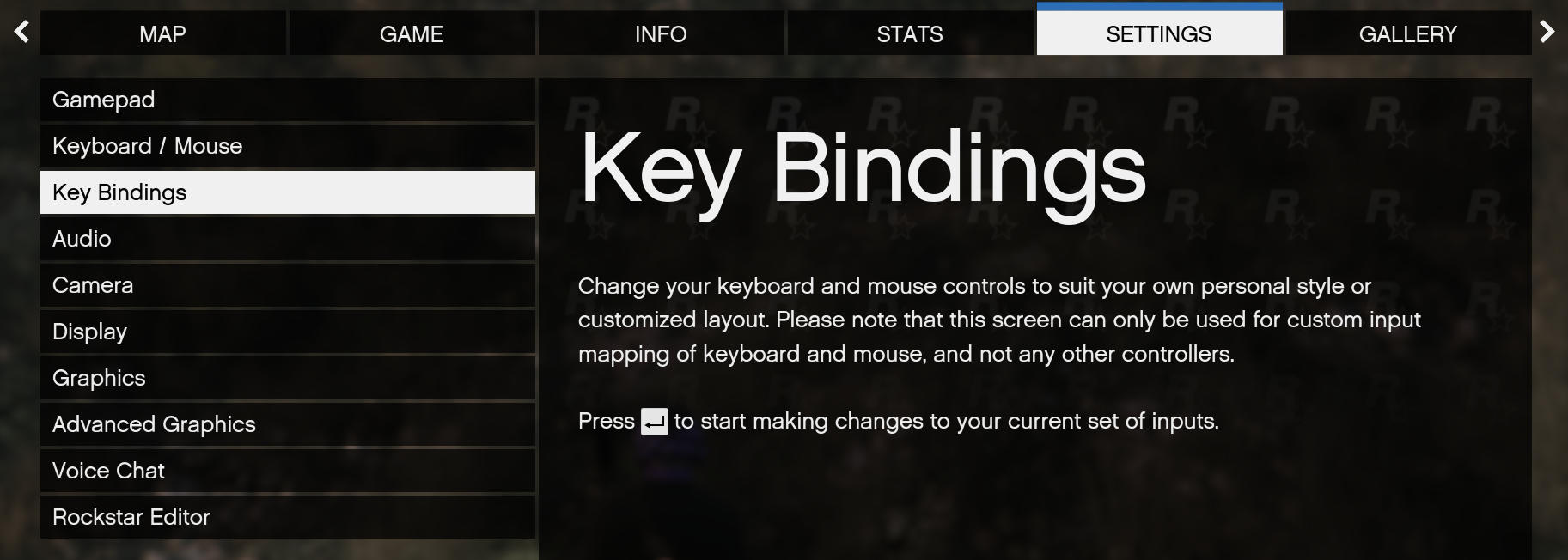 Press your Esc key, navigate to Key Bindings, then press Enter