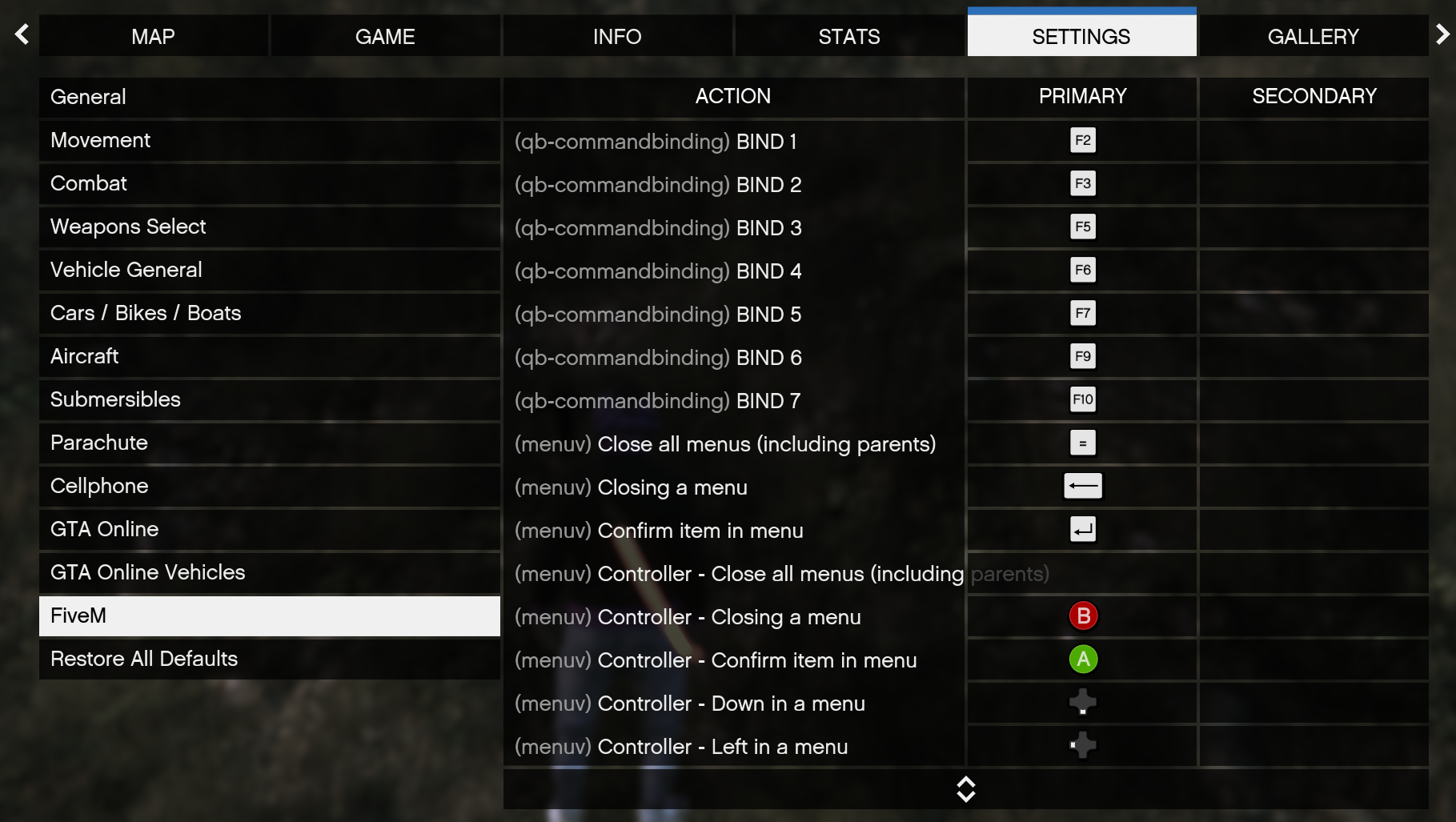Click FiveM to edit server-specific keybinds.